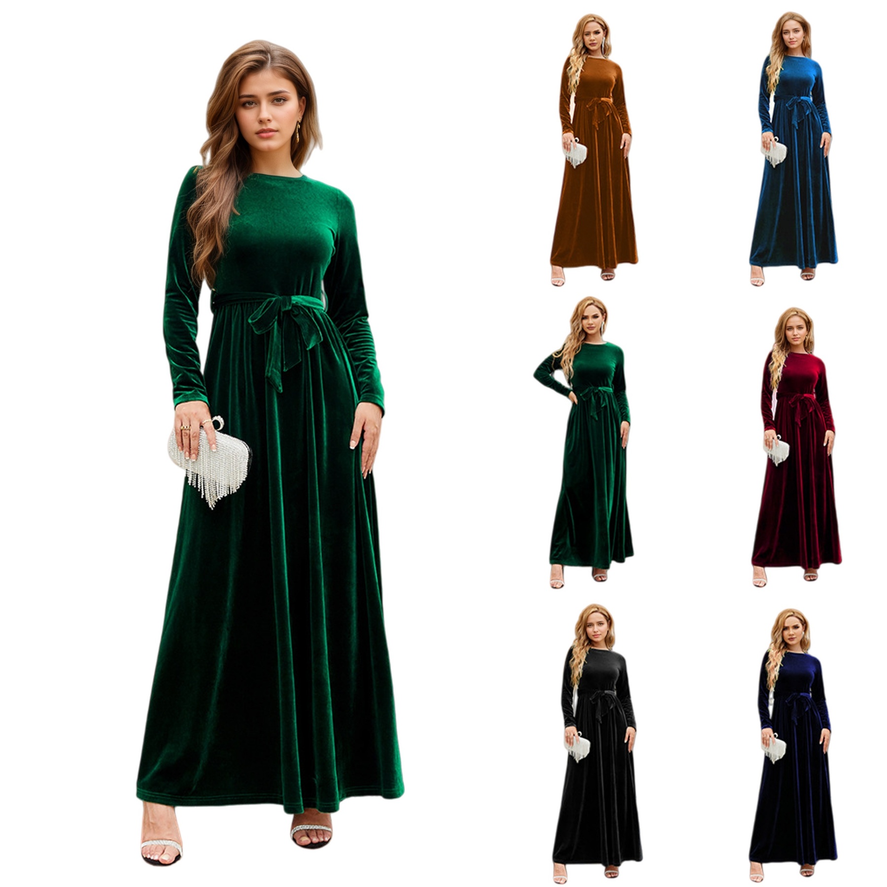 Elegant Velvet Maxi Dress - Autumn Winter Long Sleeve Floor Length Evening Gown